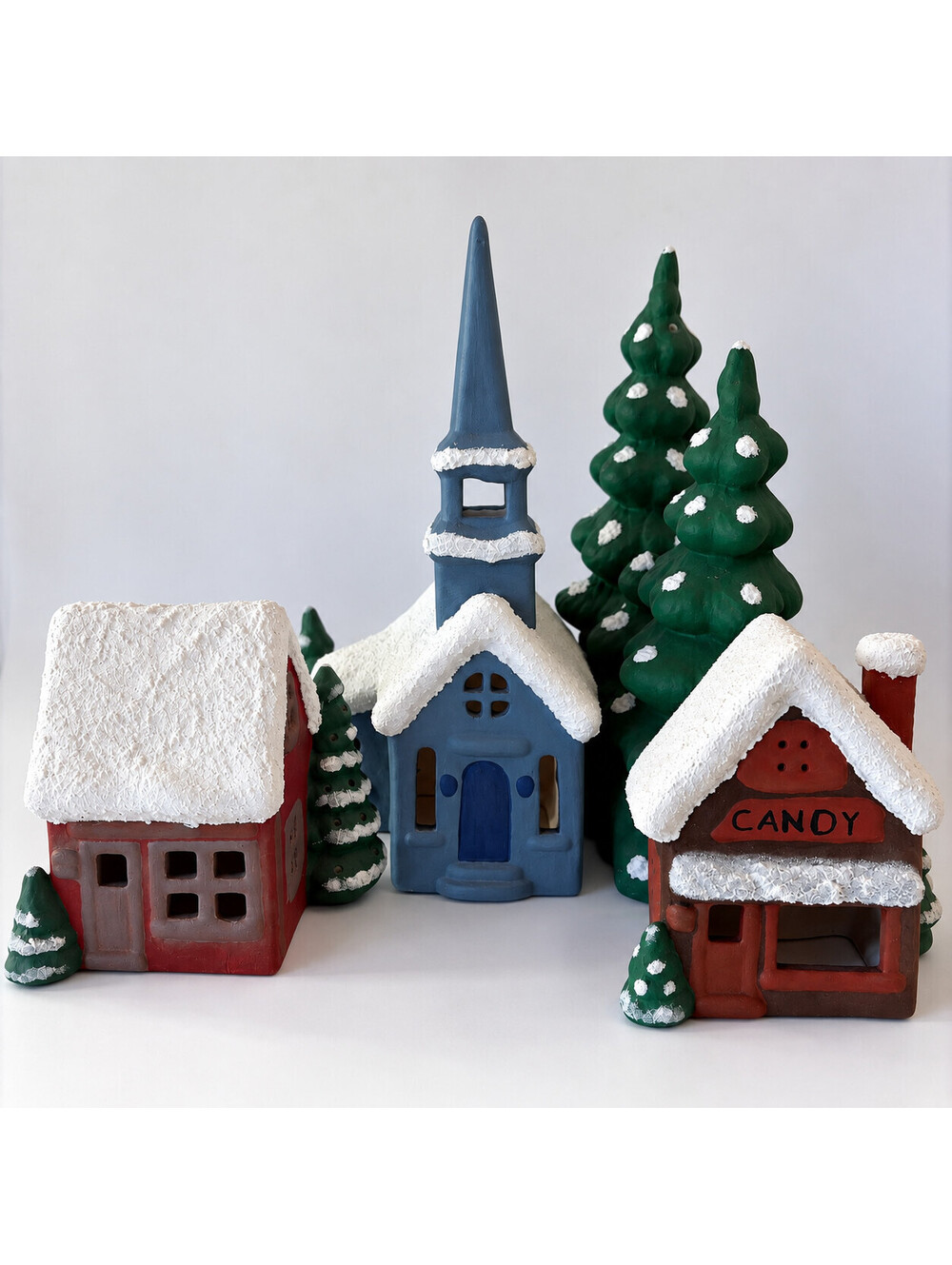 Vintage 1978 Hand Painted Ceramic Christmas Village Buildings Trees Church Set